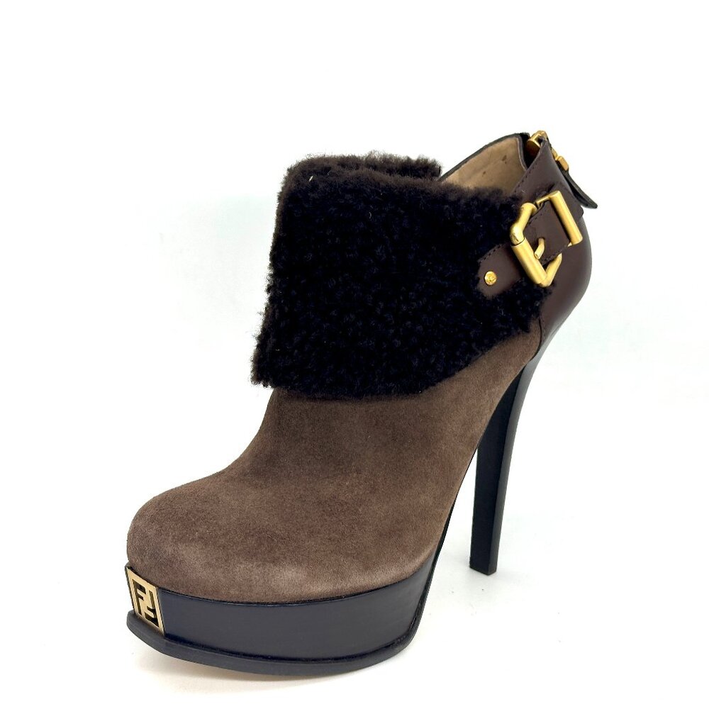 FENDI Fendista Shearling Fur Suede Buckle Platform Ankle Bootie Heels Boots - Picture 5 of 16